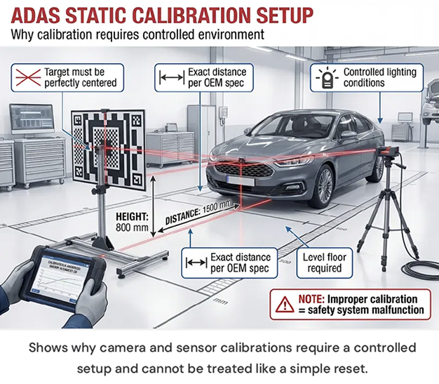 ADAS static calibration setup showing target alignment, distance and lighting requirements