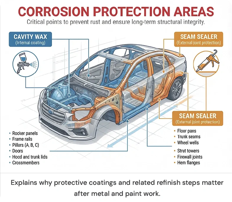 Diagram of corrosion protection areas on a vehicle body