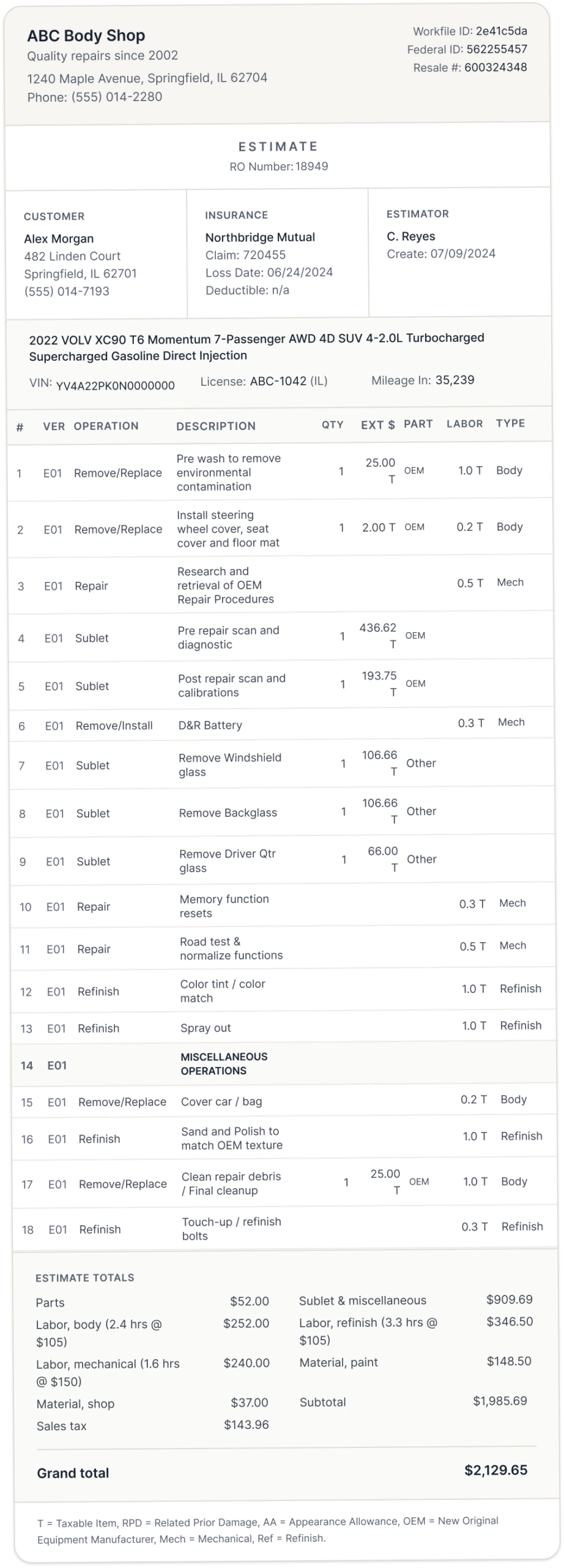 A typical body shop estimate printout, dense with codes and line items