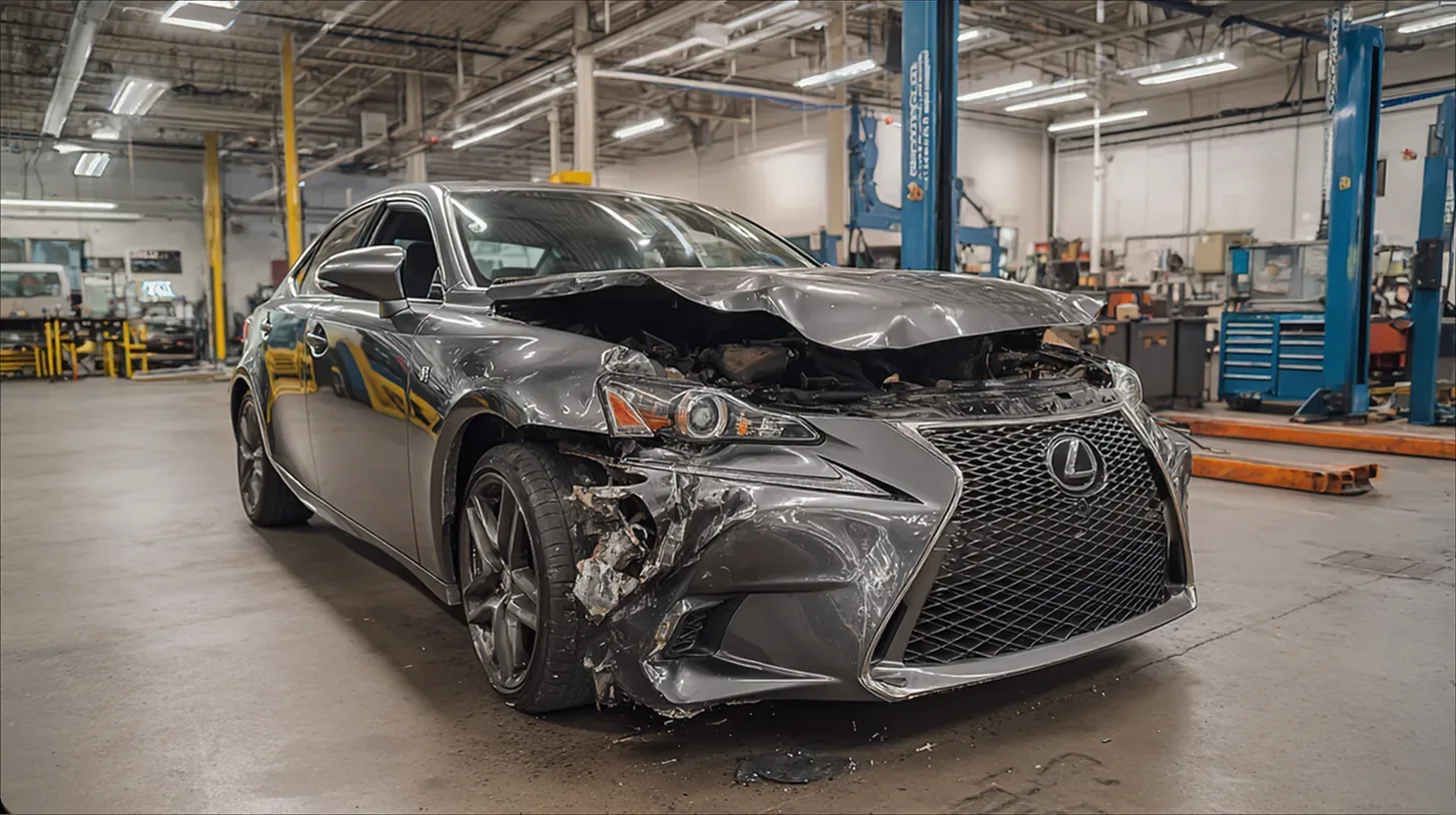 A collision-damaged car on a lift inside a repair shop