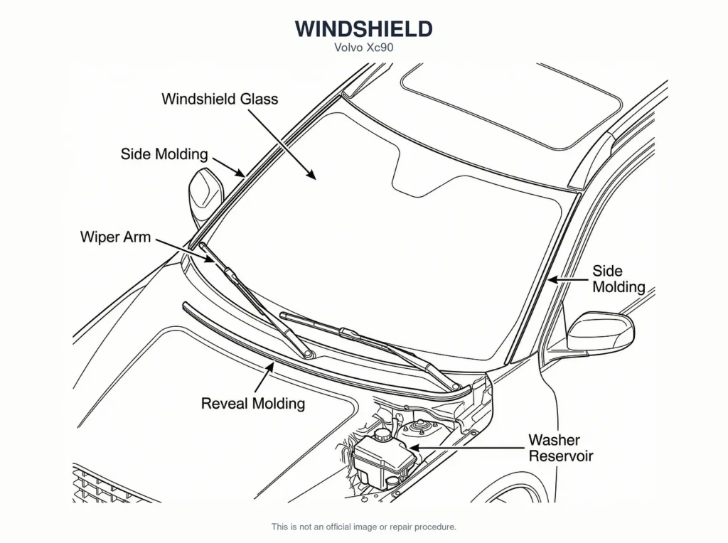 Line diagram of a windshield and its surrounding trim