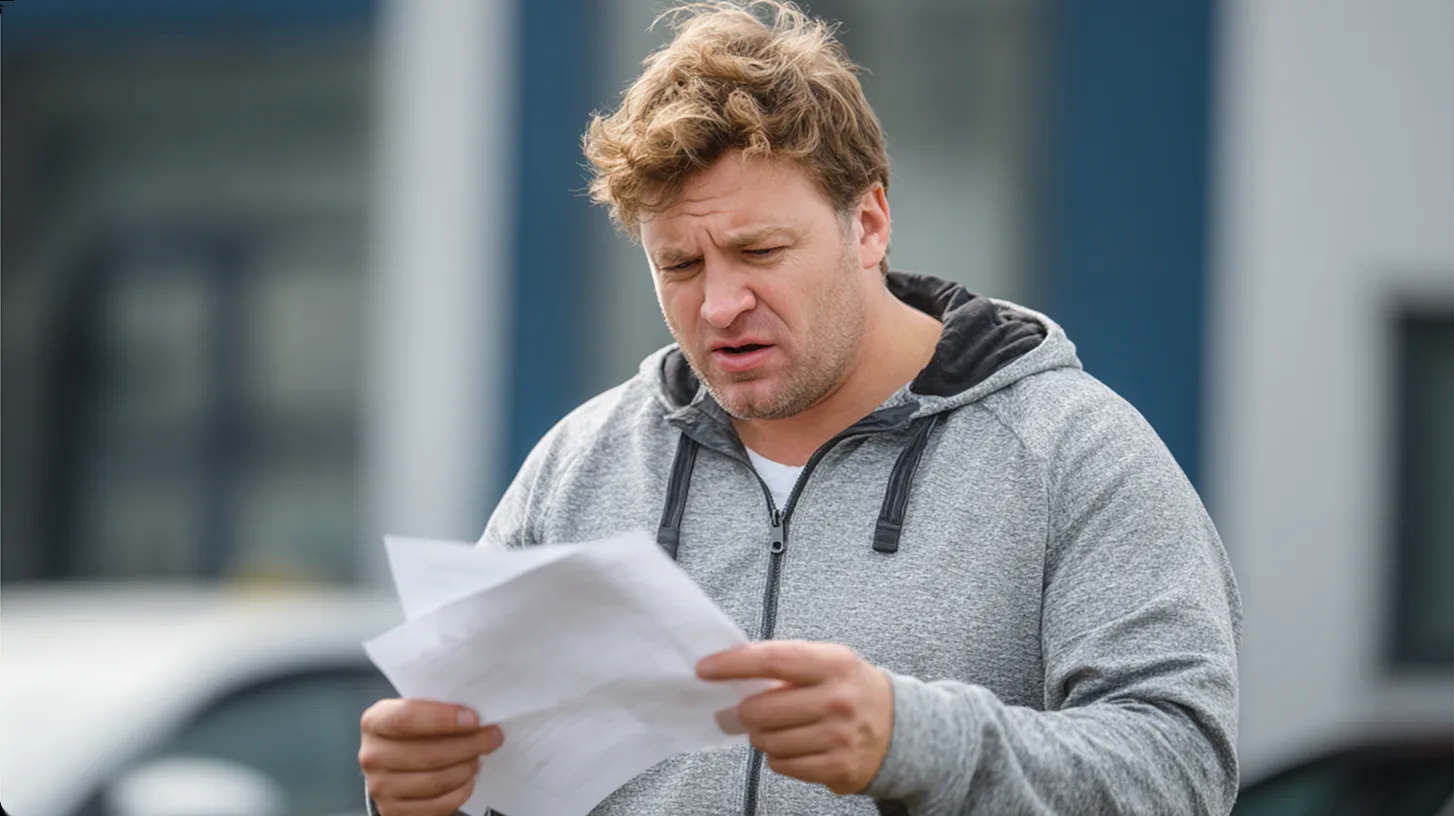 A car owner reading a printed repair estimate outside a shop
